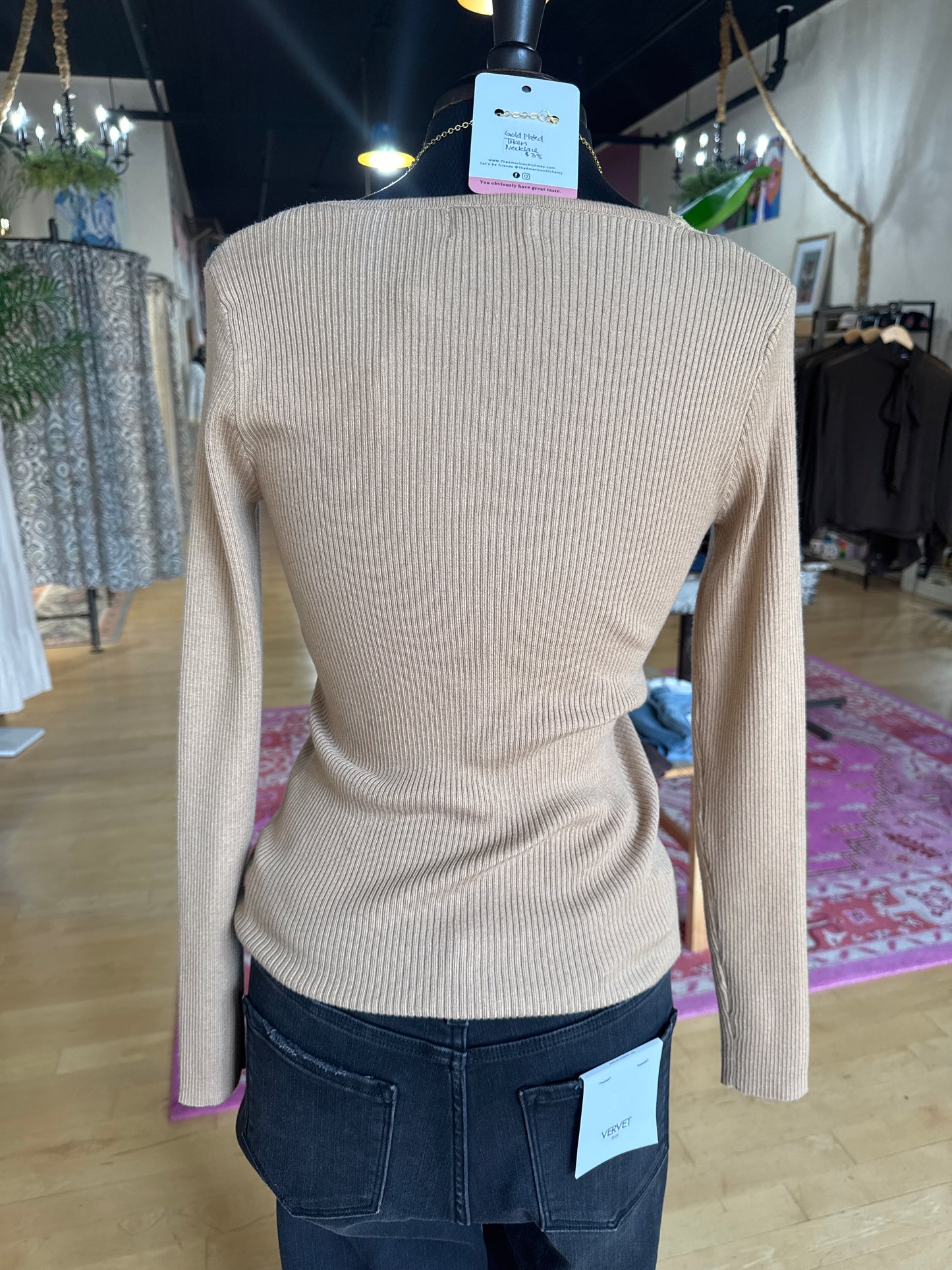Molly Bracken Camel Sweater Top with Lace