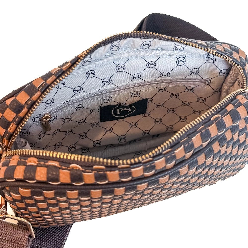 Woven Willow Camera Crossbody Bag in Checkered Coffee