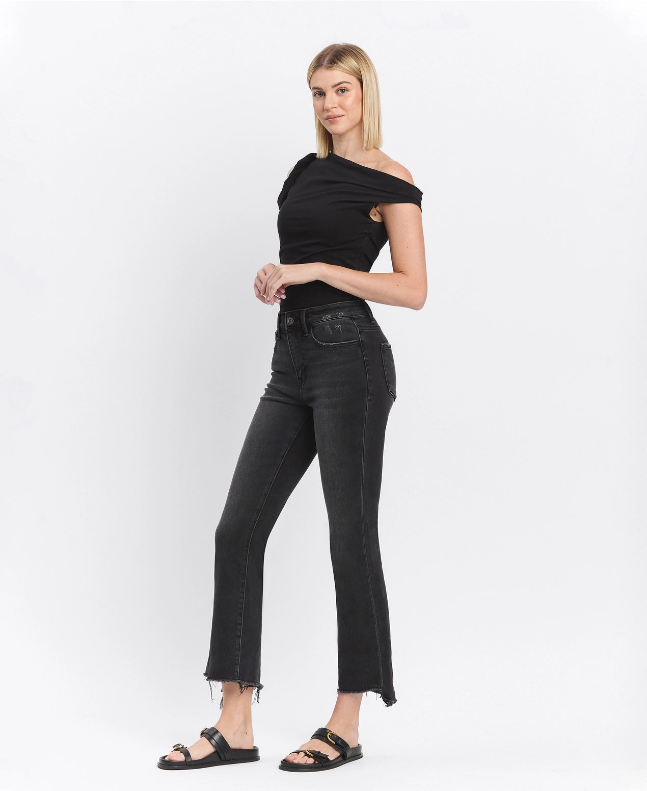 Raw Step Hem Flare Black Crop High Rise Jeans