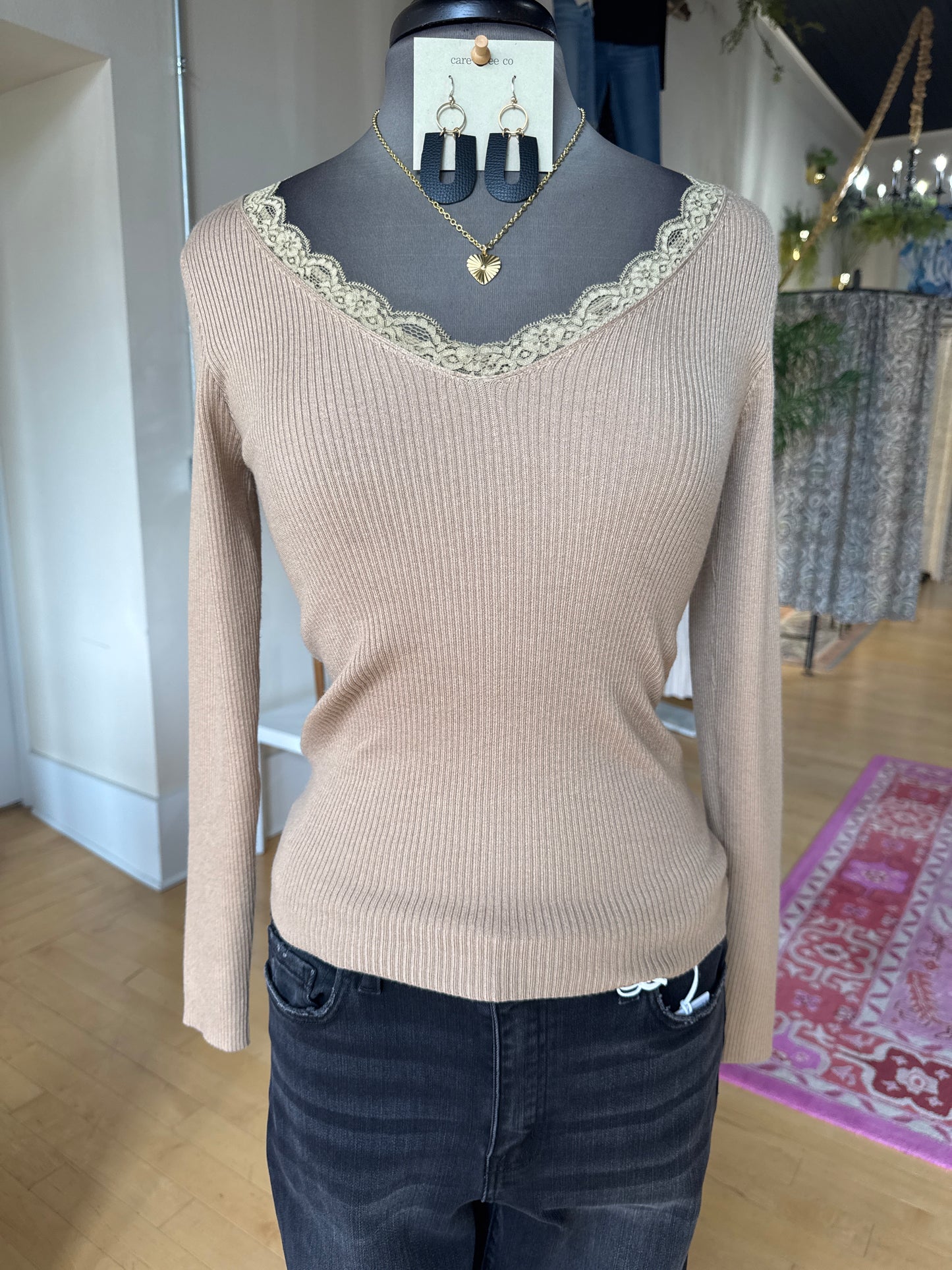 Molly Bracken Camel Sweater Top with Lace