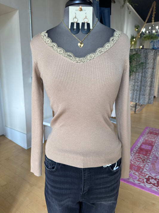 Molly Bracken Camel Sweater Top with Lace