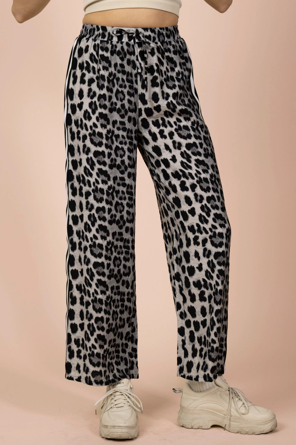 Leopard Wide-Leg Pants with Side Stripe Detail