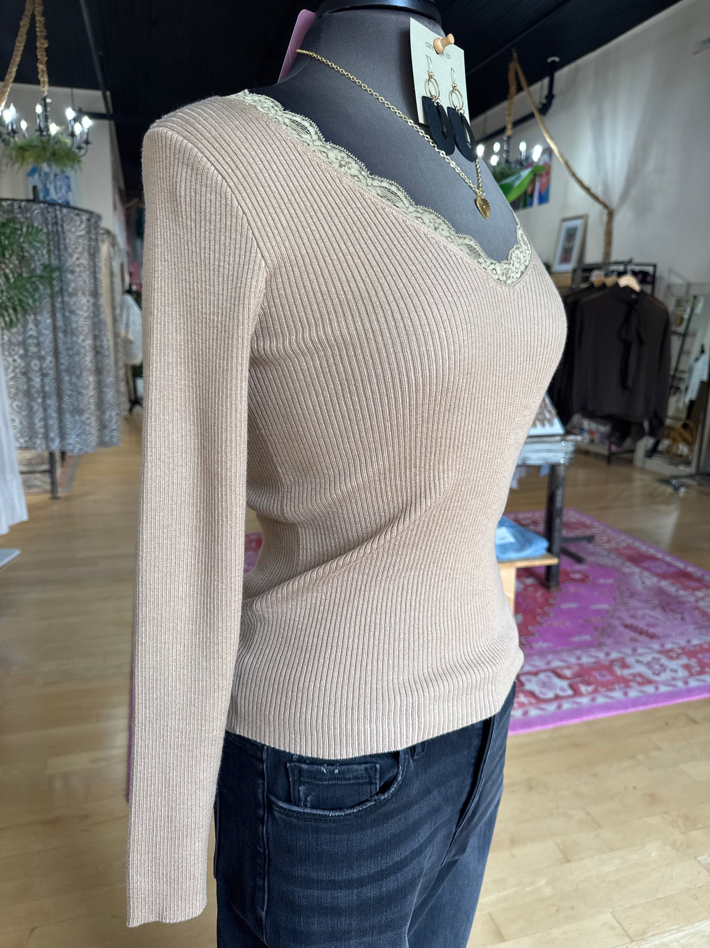 Molly Bracken Camel Sweater Top with Lace