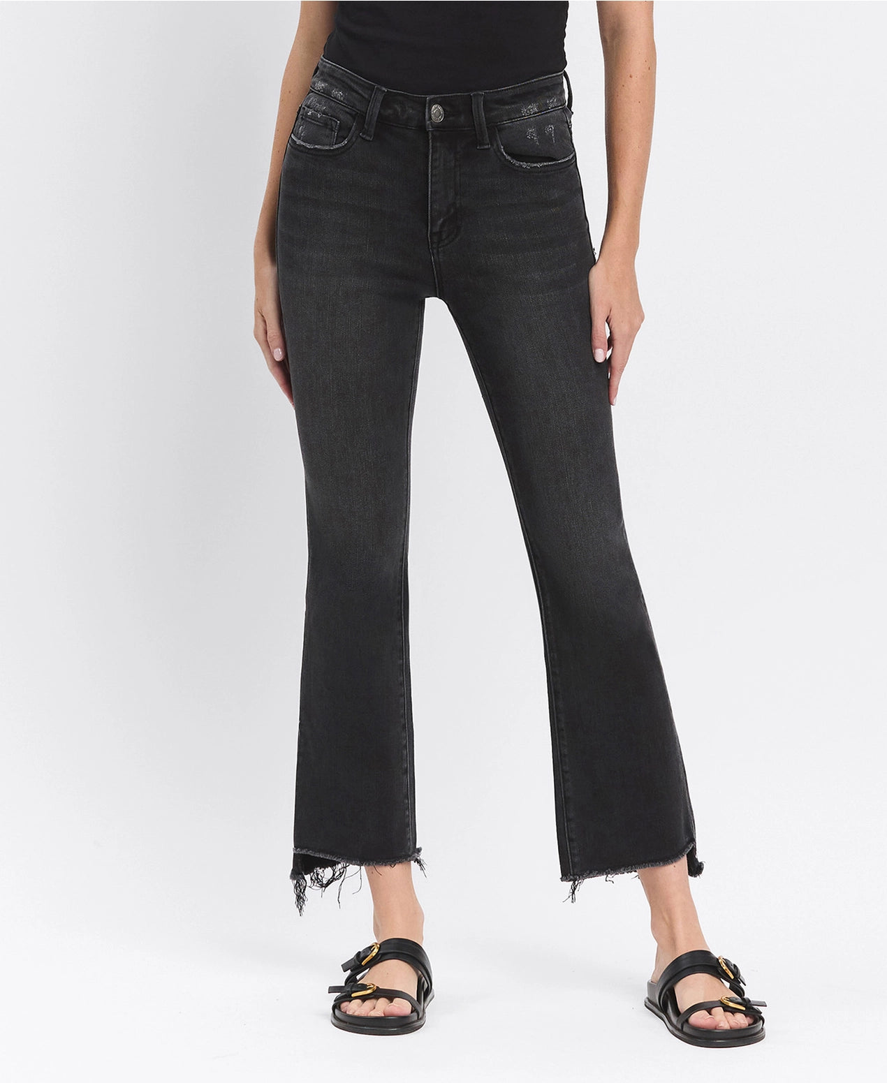 Raw Step Hem Flare Black Crop High Rise Jeans