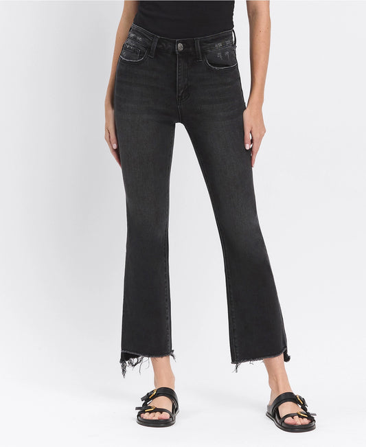 Raw Step Hem Flare Black Crop High Rise Jeans