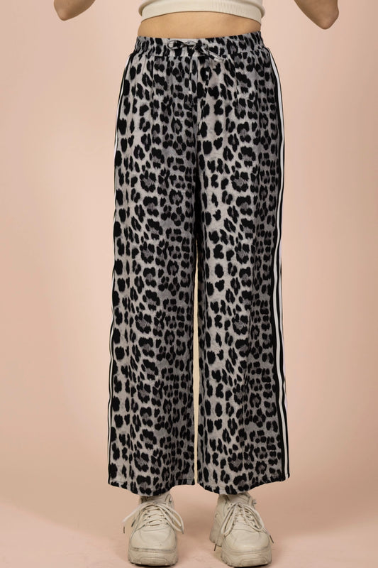 Leopard Wide-Leg Pants with Side Stripe Detail