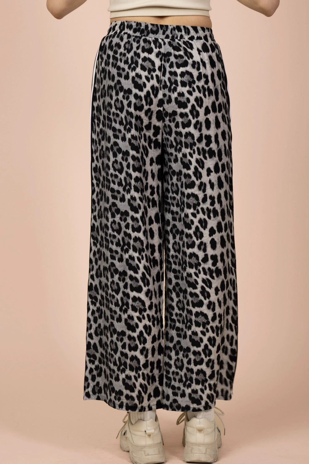 Leopard Wide-Leg Pants with Side Stripe Detail