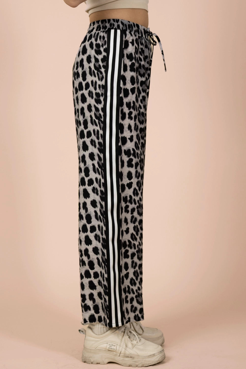 Leopard Wide-Leg Pants with Side Stripe Detail