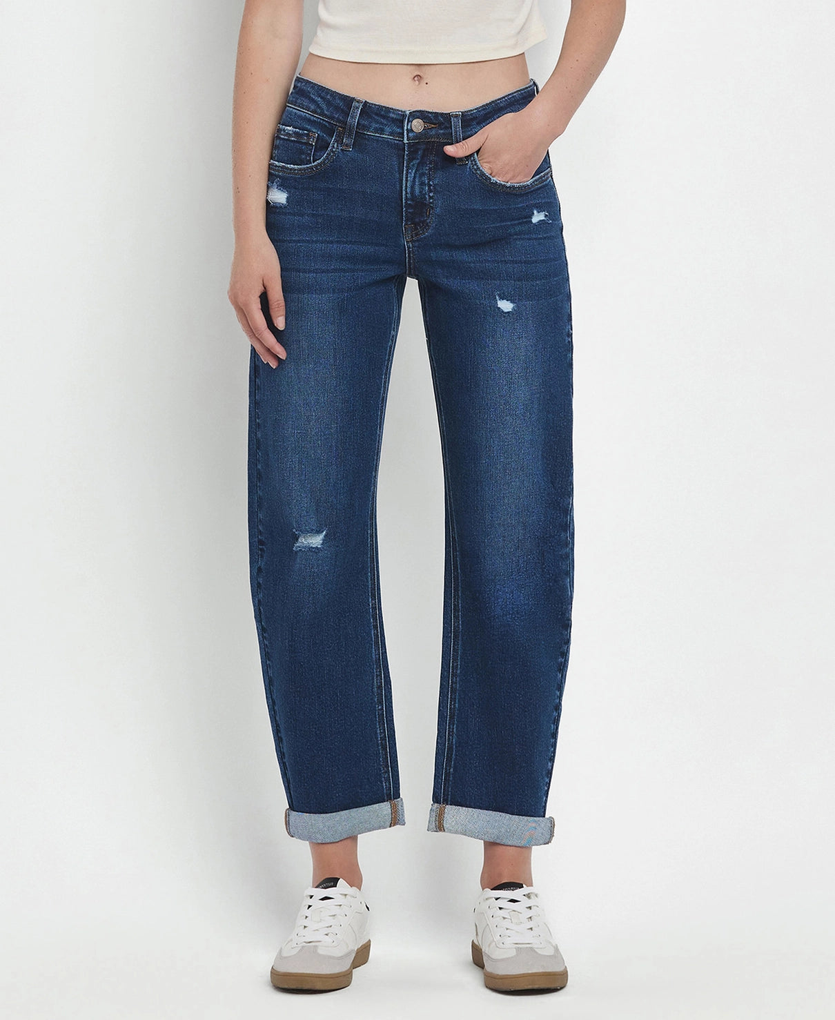 Mid Rise Double Cuffed Hem Barrel Leg Jeans