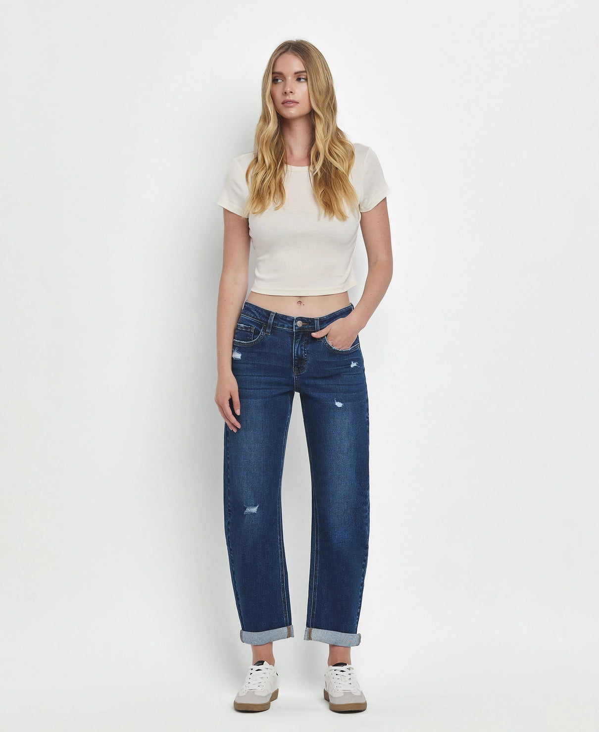 Mid Rise Double Cuffed Hem Barrel Leg Jeans