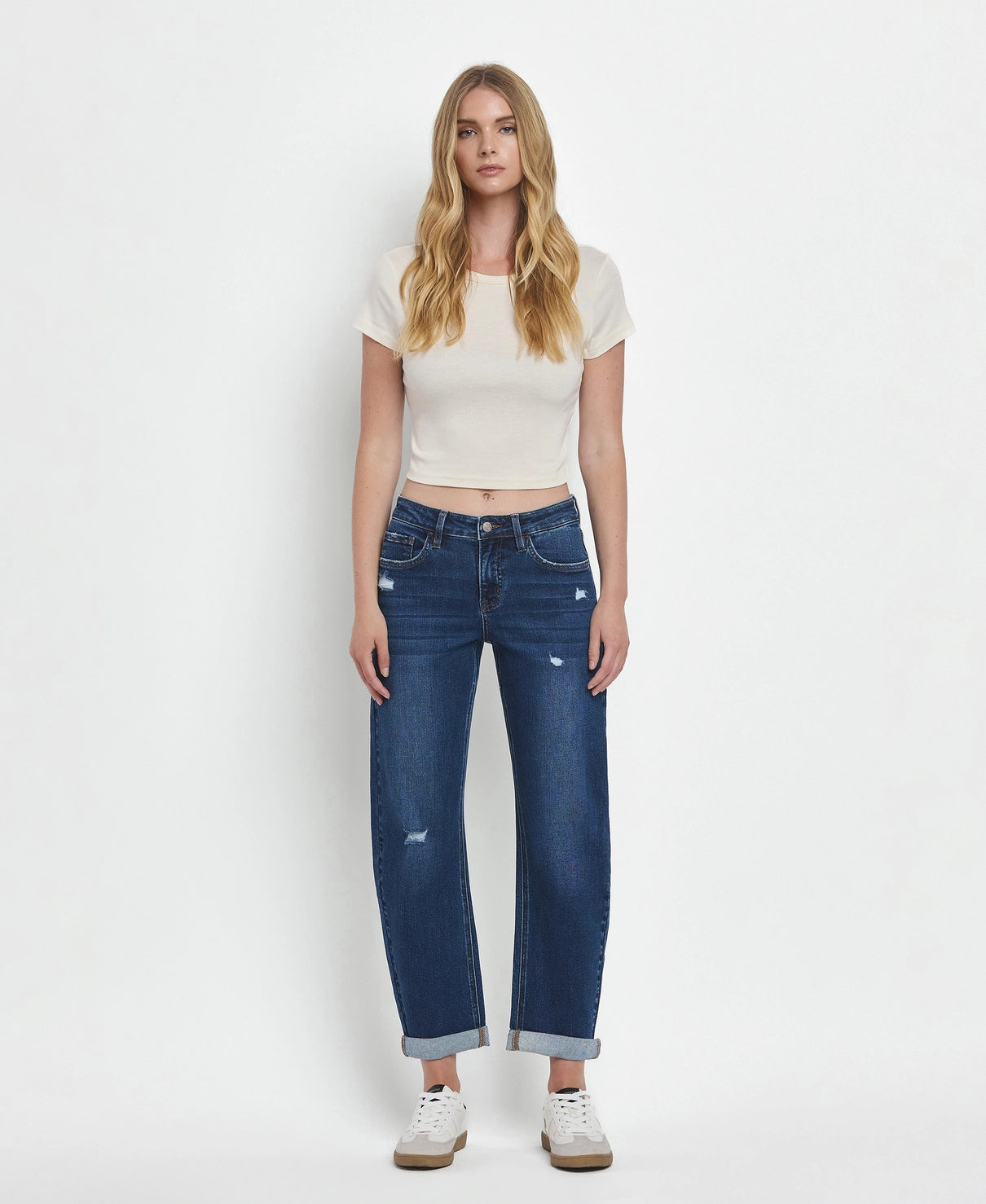 Mid Rise Double Cuffed Hem Barrel Leg Jeans