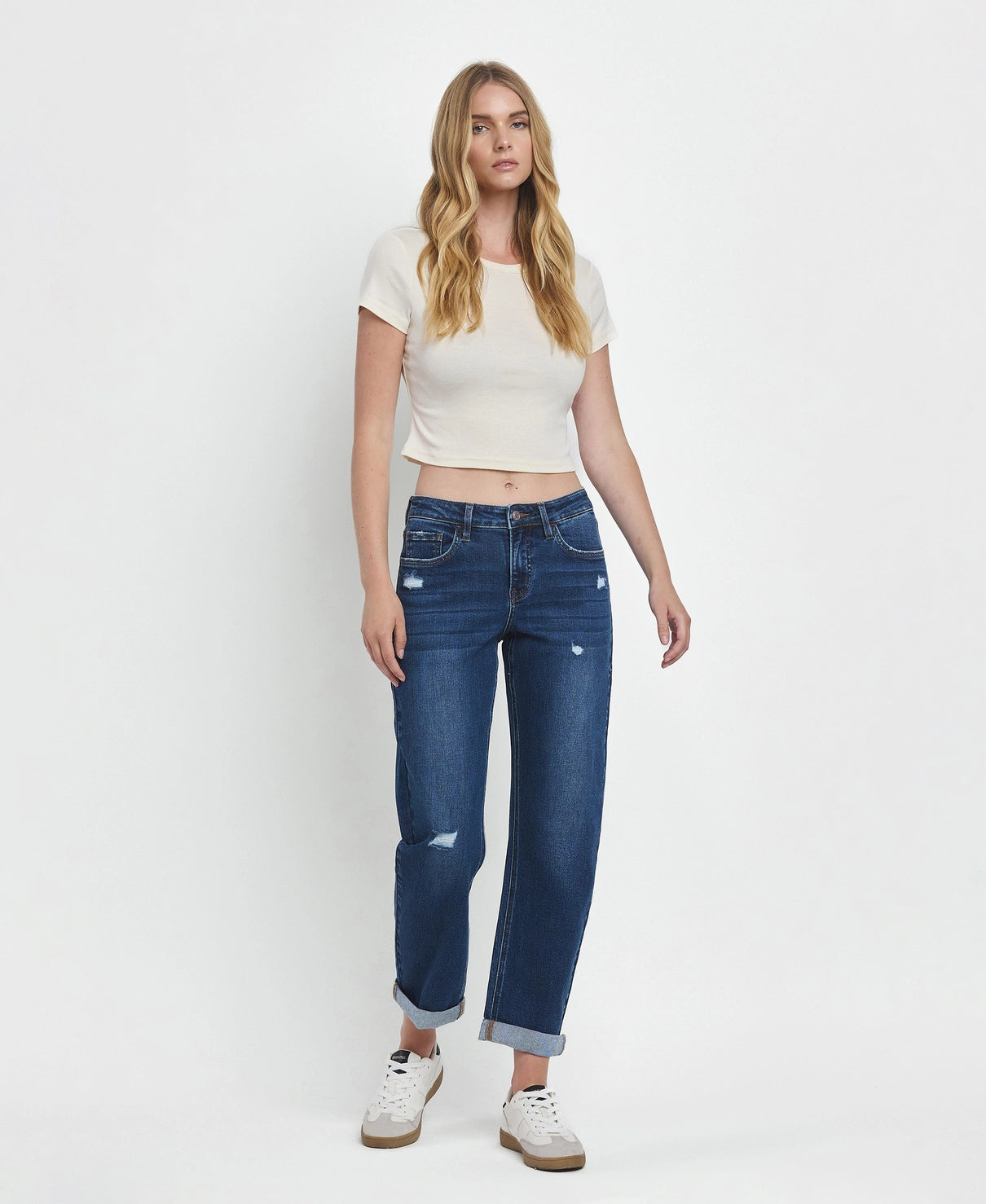 Mid Rise Double Cuffed Hem Barrel Leg Jeans