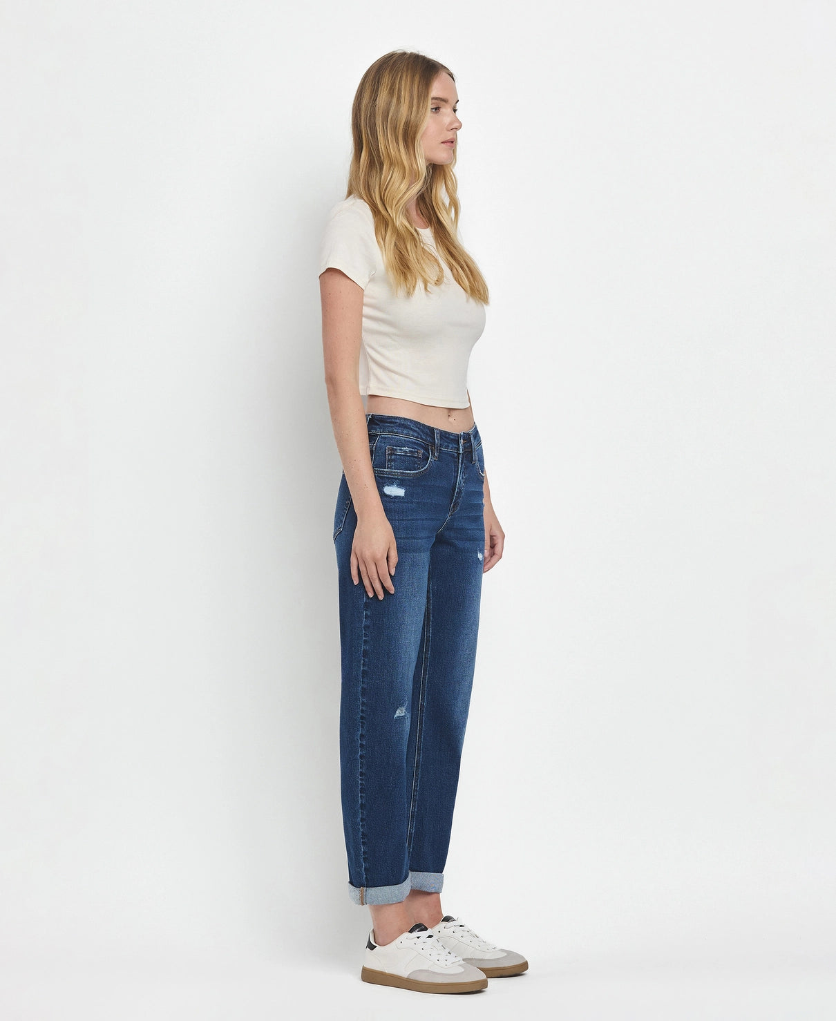 Mid Rise Double Cuffed Hem Barrel Leg Jeans