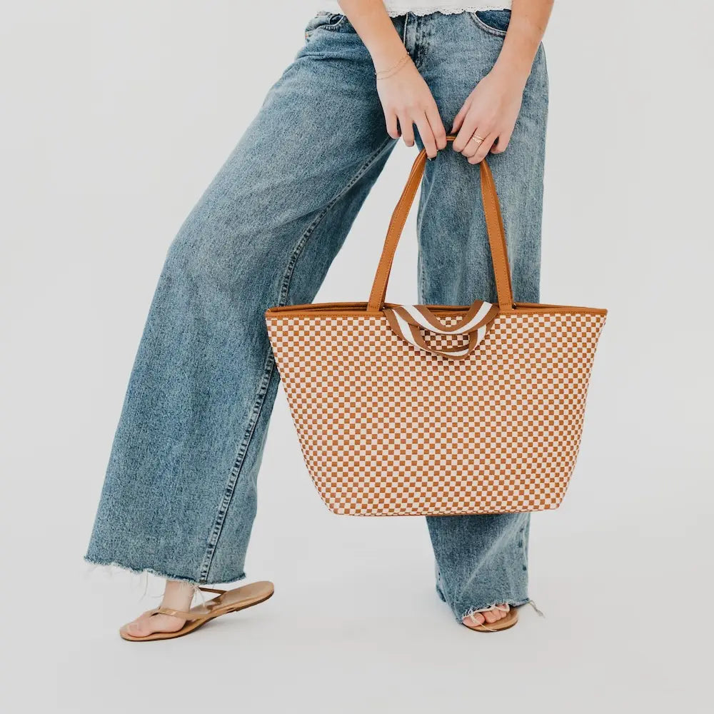 Woven Tiffany Organizer Tote Bag in Brown and White