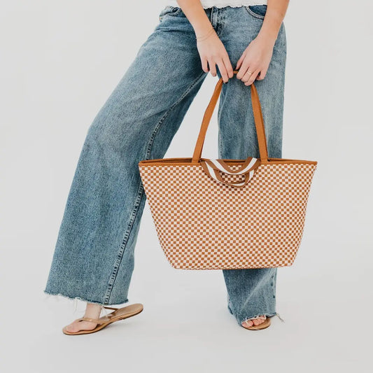 Woven Tiffany Organizer Tote Bag in Brown and White