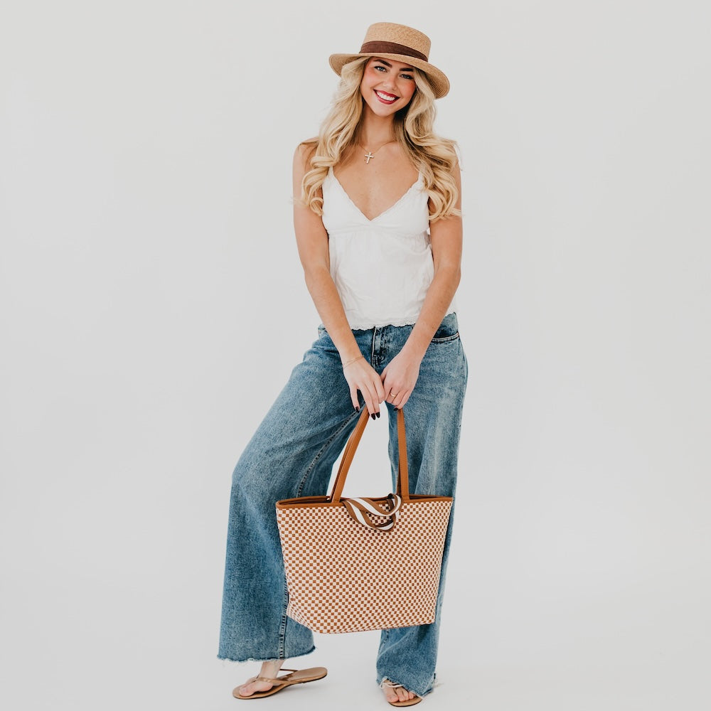 Woven Tiffany Organizer Tote Bag in Brown and White