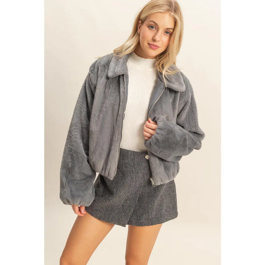 Faux Fur Zip Up Jacket with Plush Collar