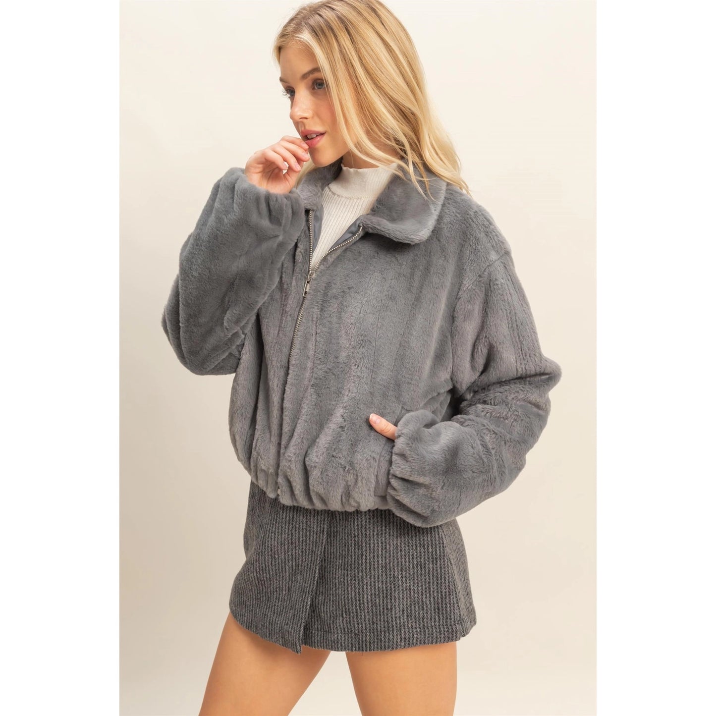 Faux Fur Zip Up Jacket with Plush Collar