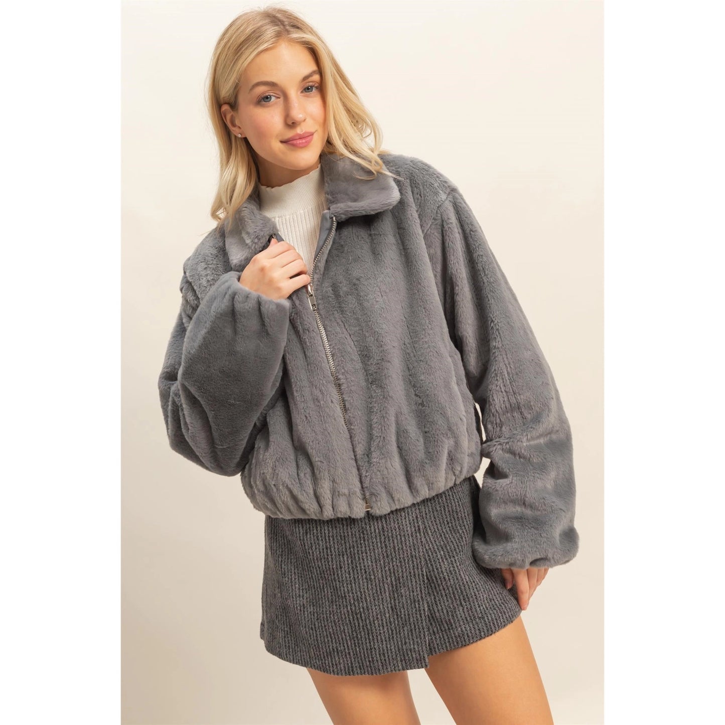 Faux Fur Zip Up Jacket with Plush Collar