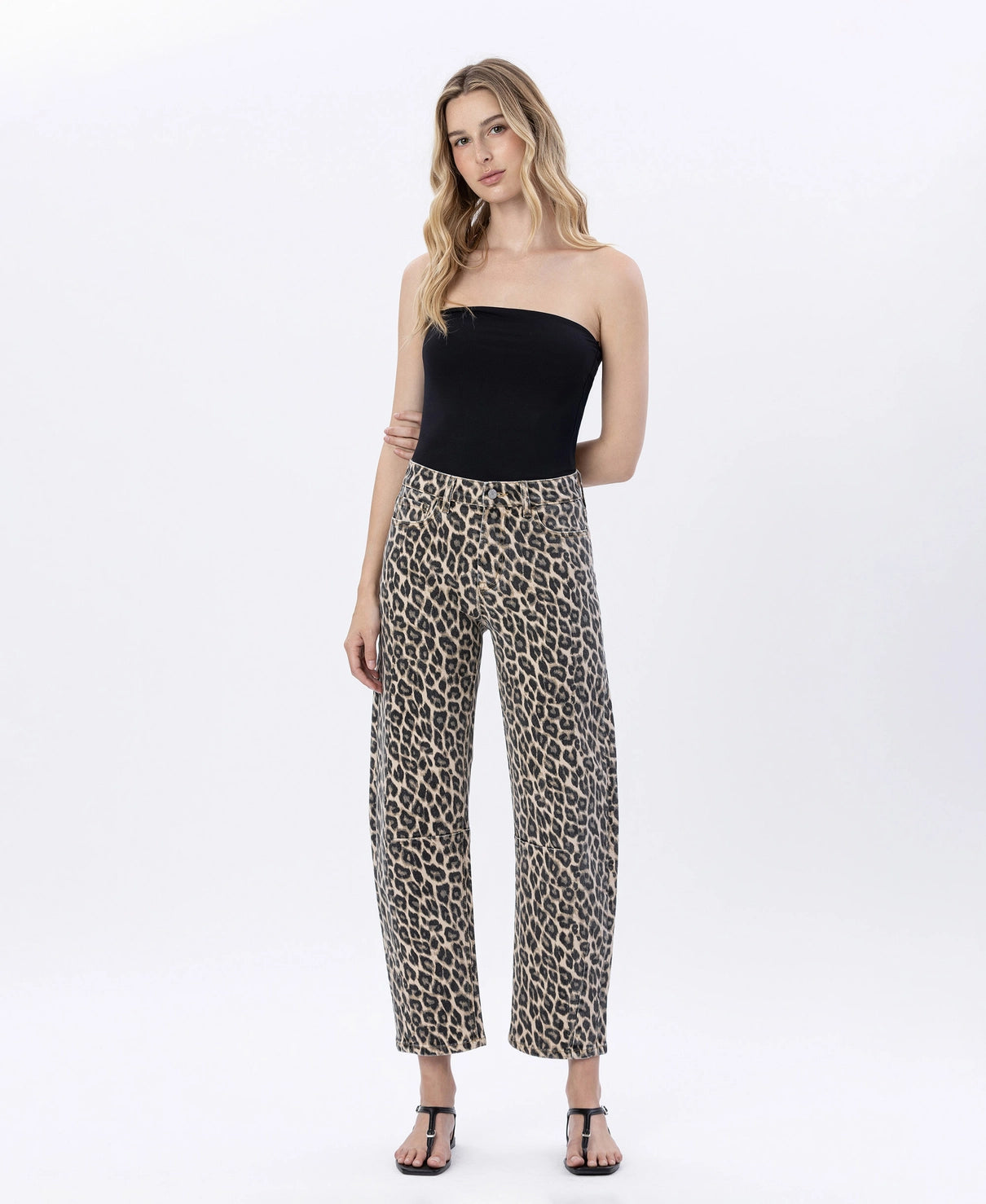 High Rise Leopard Print Barrel Jeans