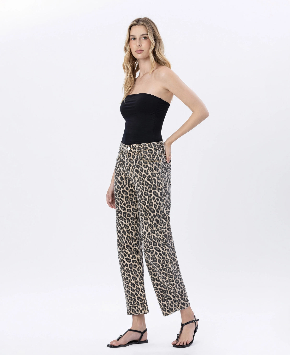 High Rise Leopard Print Barrel Jeans