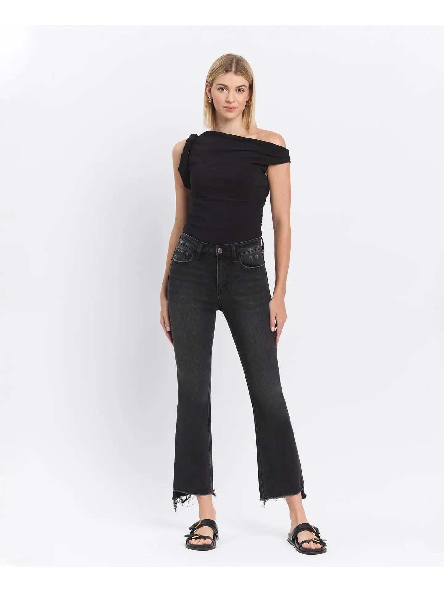 Raw Step Hem Flare Black Crop High Rise Jeans