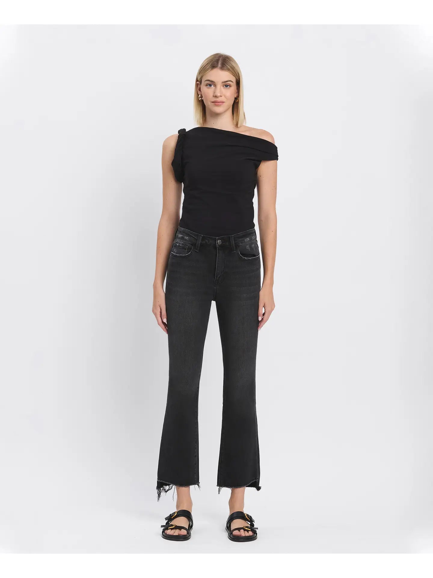 Raw Step Hem Flare Black Crop High Rise Jeans