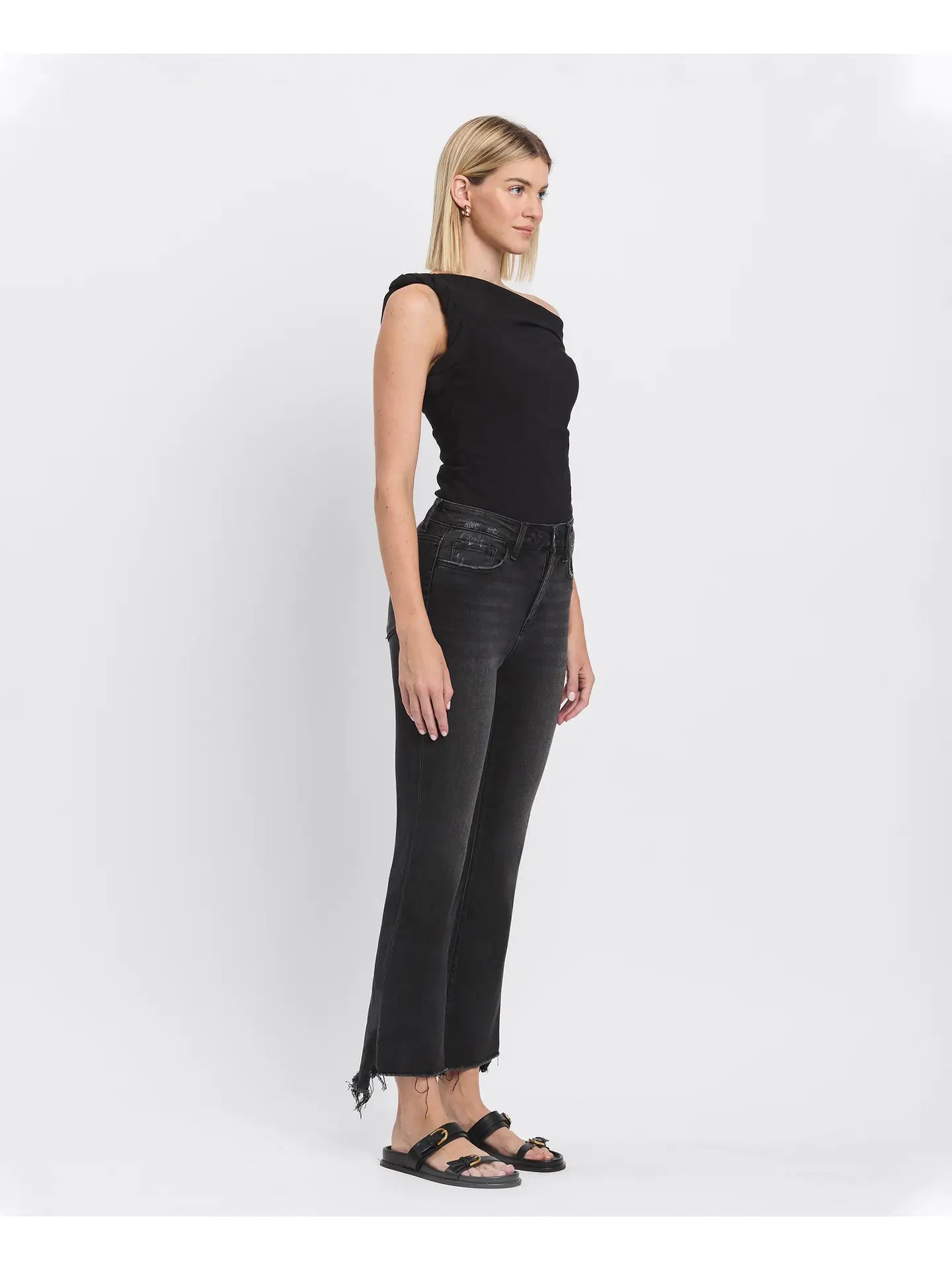 Raw Step Hem Flare Black Crop High Rise Jeans