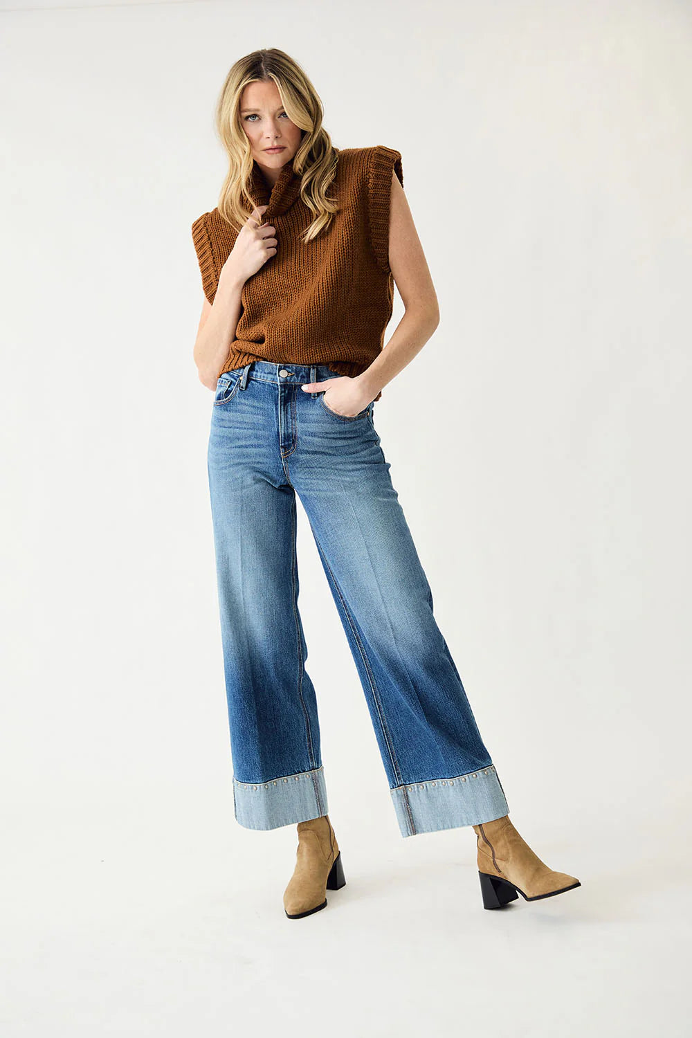 Parker Mid-Rise Studded Cuff Straight Leg Jeans