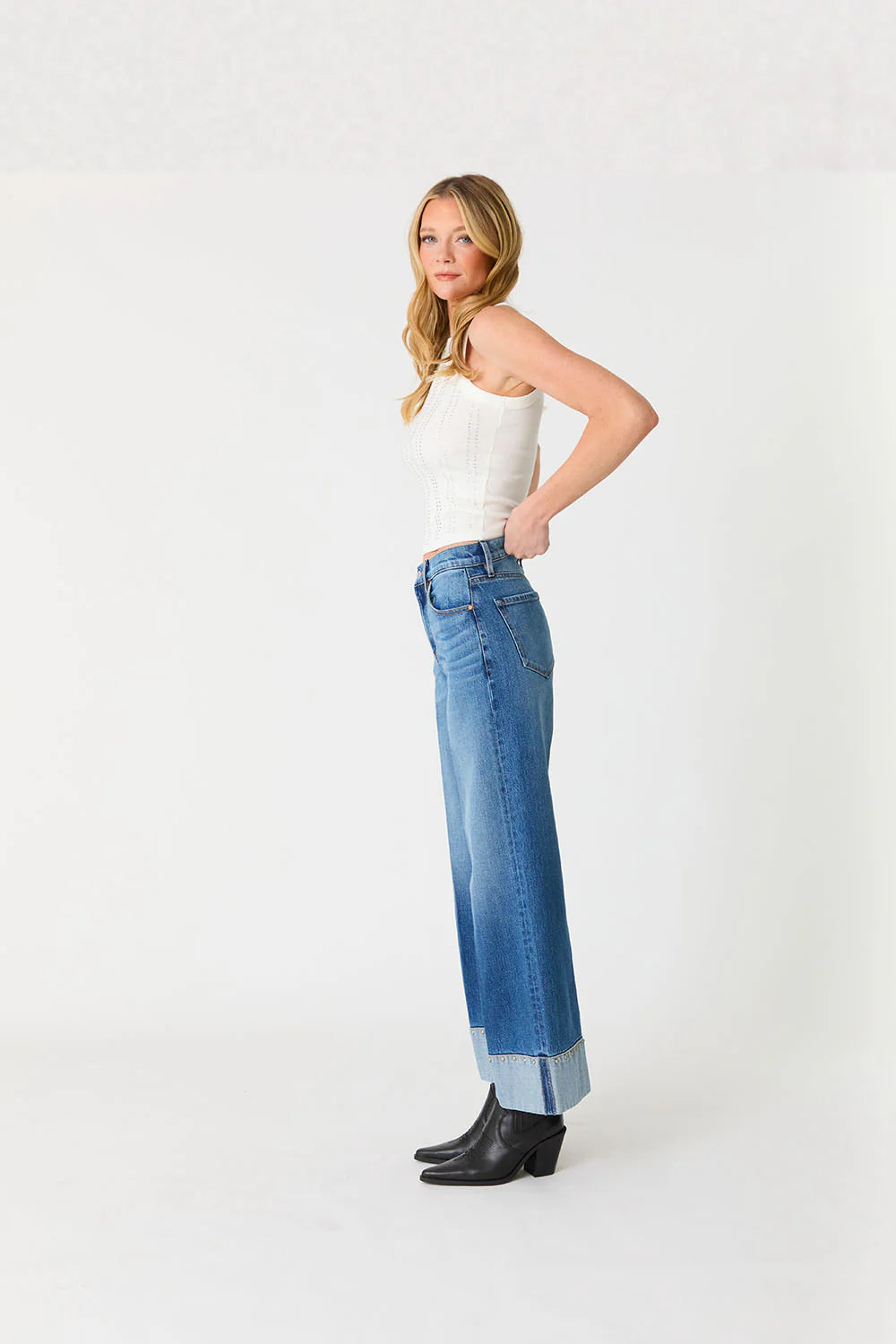 Parker Mid-Rise Studded Cuff Straight Leg Jeans
