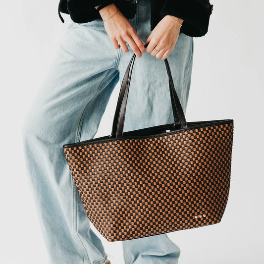 Woven Tiffany Organizer Tote Bag in Checkered Coffee