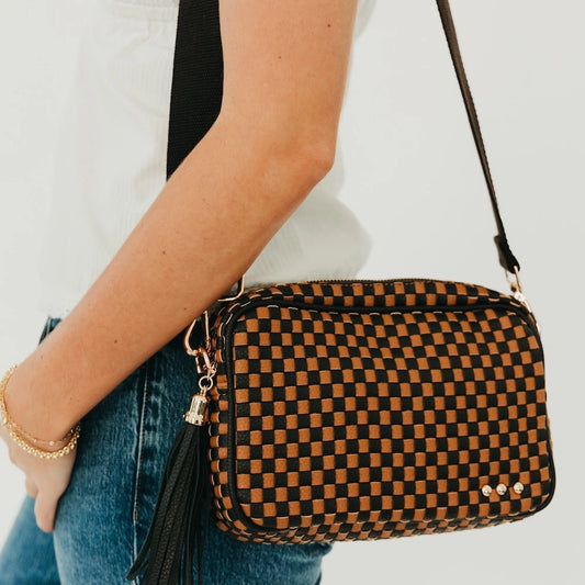 Woven Willow Camera Crossbody Bag in Checkered Coffee