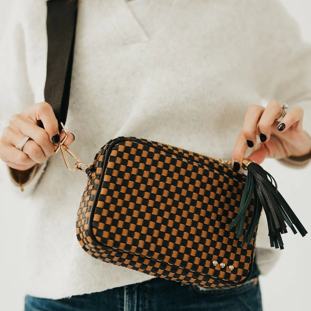 Woven Willow Camera Crossbody Bag in Checkered Coffee